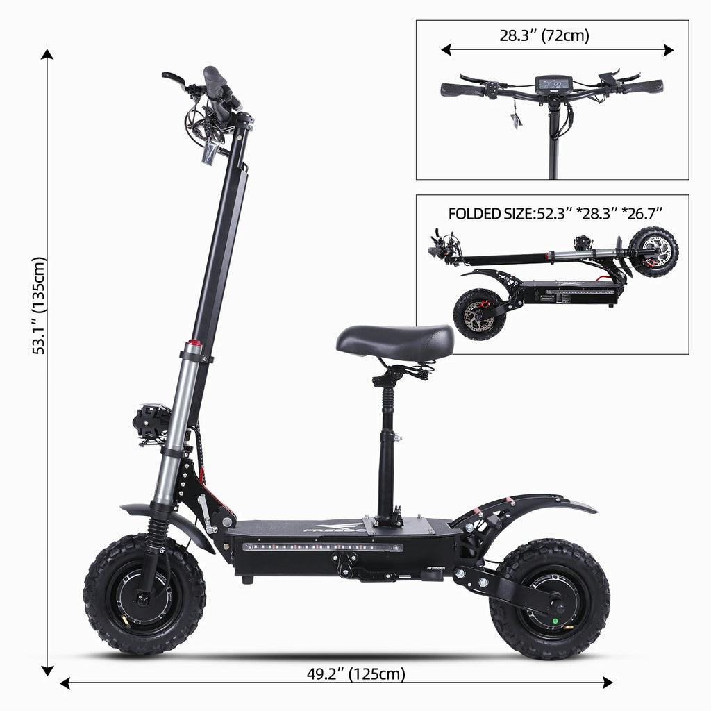 J30 max Black electric scooter shown on a white background with dimension callouts for overall height and width, plus inset images showing the handlebar width and folded size.