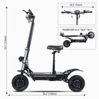 J30 max Black electric scooter shown on a white background with dimension callouts for overall height and width, plus inset images showing the handlebar width and folded size.