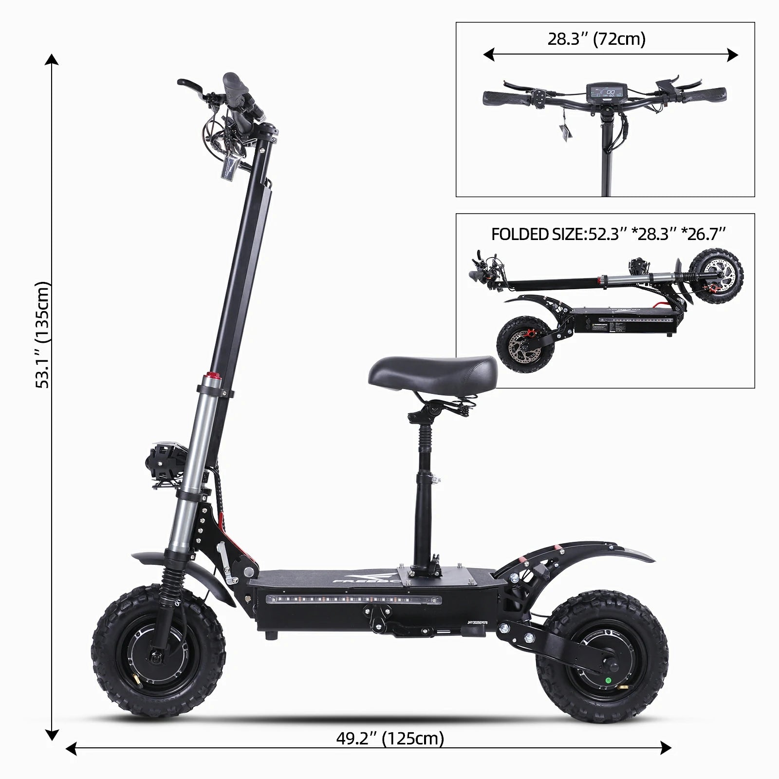 J30 max Black electric scooter shown on a white background with dimension callouts for overall height and width, plus inset images showing the handlebar width and folded size.