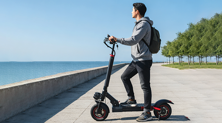 Person riding an electric scooter by a coastal path with trees in the background