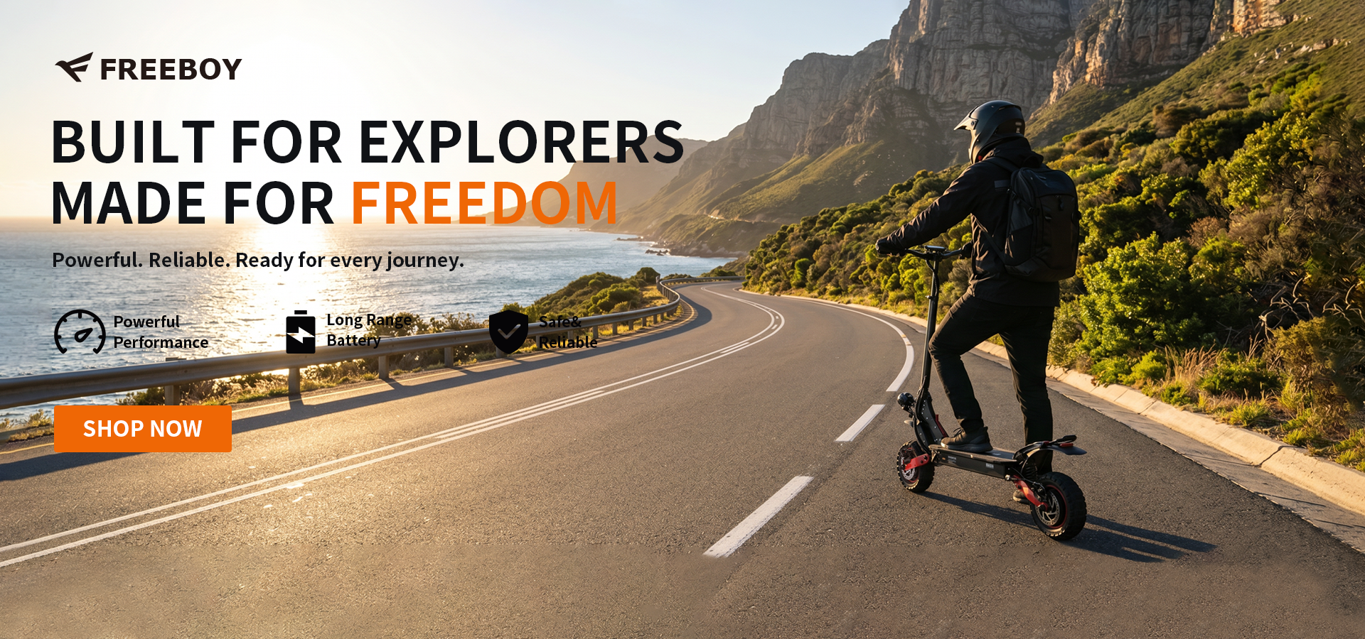 Person riding a scooter on a scenic road with mountains in the background, Freeboy brand visible.