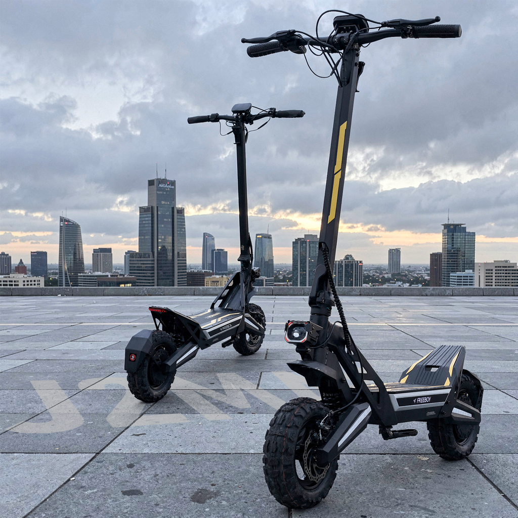 Two electric scooters on a rooftop with a city skyline in the background