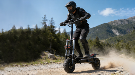 Person riding a black electric scooter on a dirt path with mountains in the background