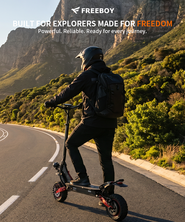 Person riding an electric scooter on a scenic road with 'Freeboy' branding.