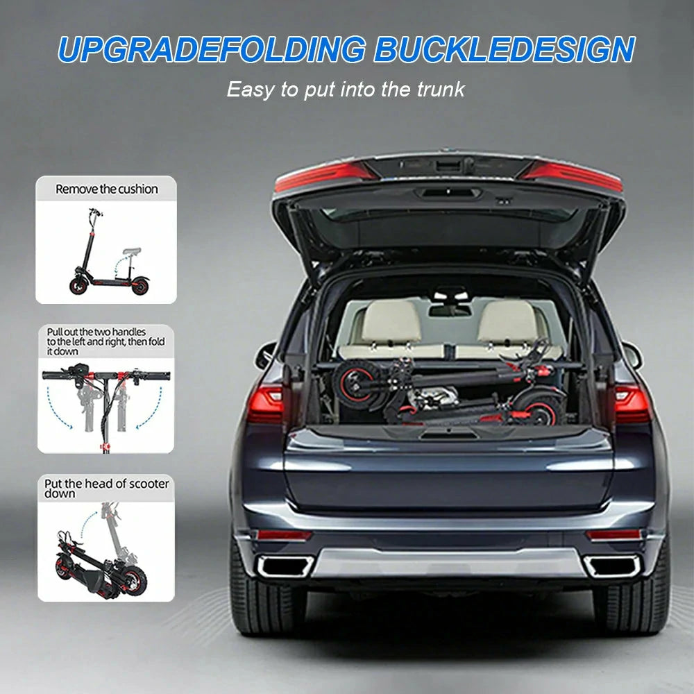 Scooter folded and placed in a car trunk with instructions on how to fold it.